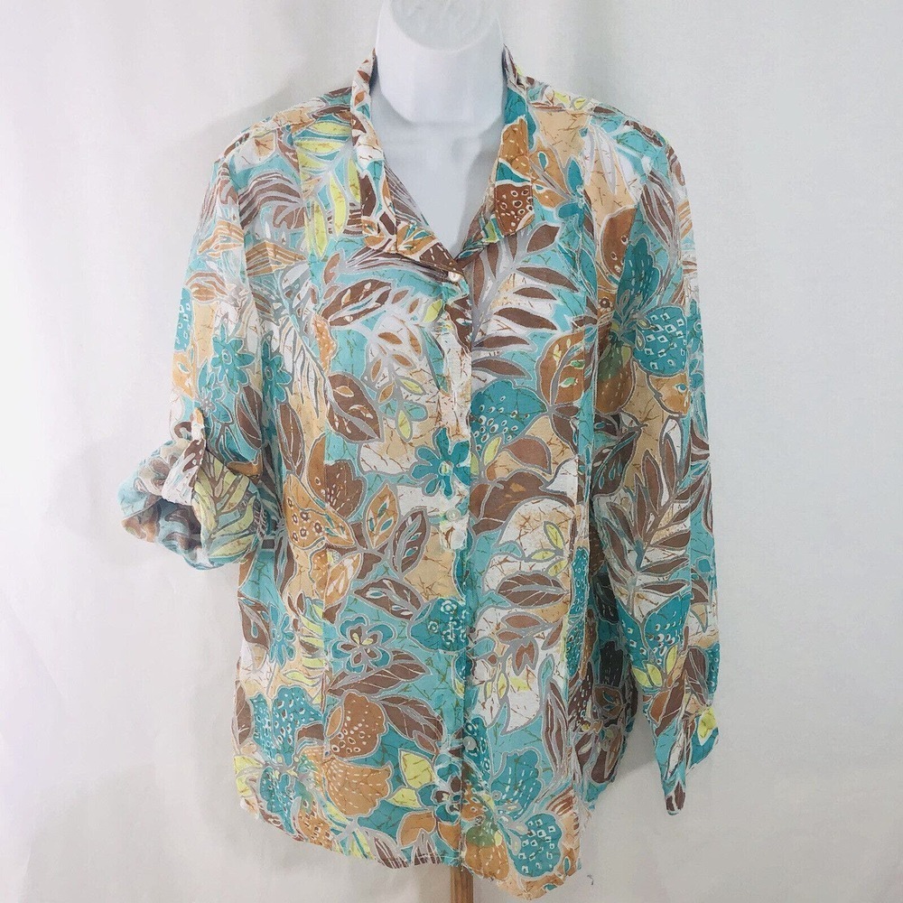 Samantha Grey Colorful Tunic Sz 14 Semi Sheer Summer Floral Tab Roll Sleeves EUC